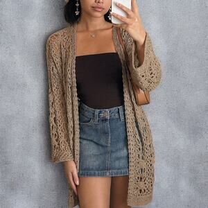 Vintage 2000s Gordon Henderson Hand Crochet Floral Rose Wool Open Cardigan M